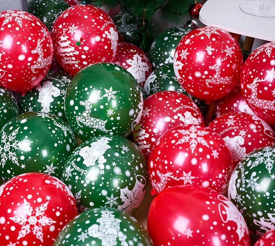 Merry Christmas Balloons x 10 Helium 12” Xmas Red Green Party Decoration Deer UK