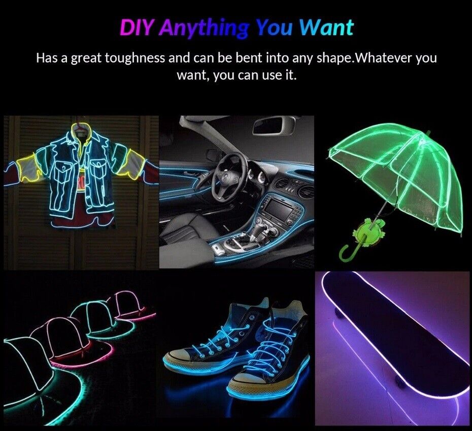 Car LED Strip Neon Rope EL Wire Flexible String Glow Light 5m DIY Lighting USB