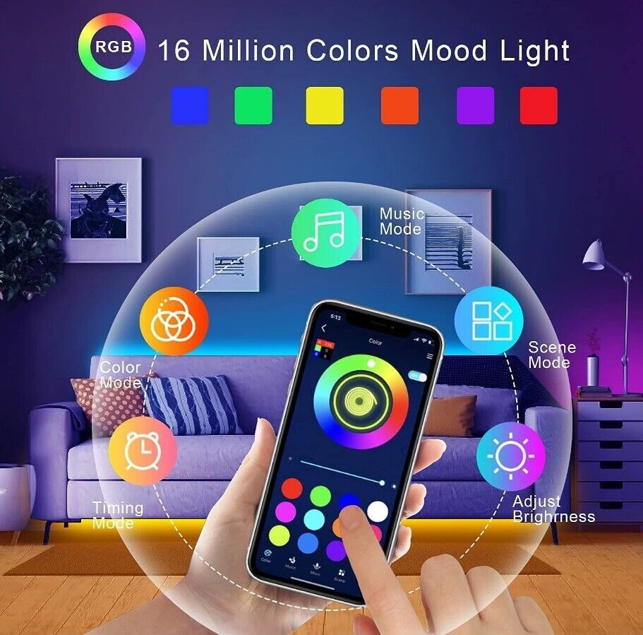 LED Strip APP Bluetooth 5050 RGB Lights 10/20m Colour Changing Tape Cabinet Kitchen TV UK