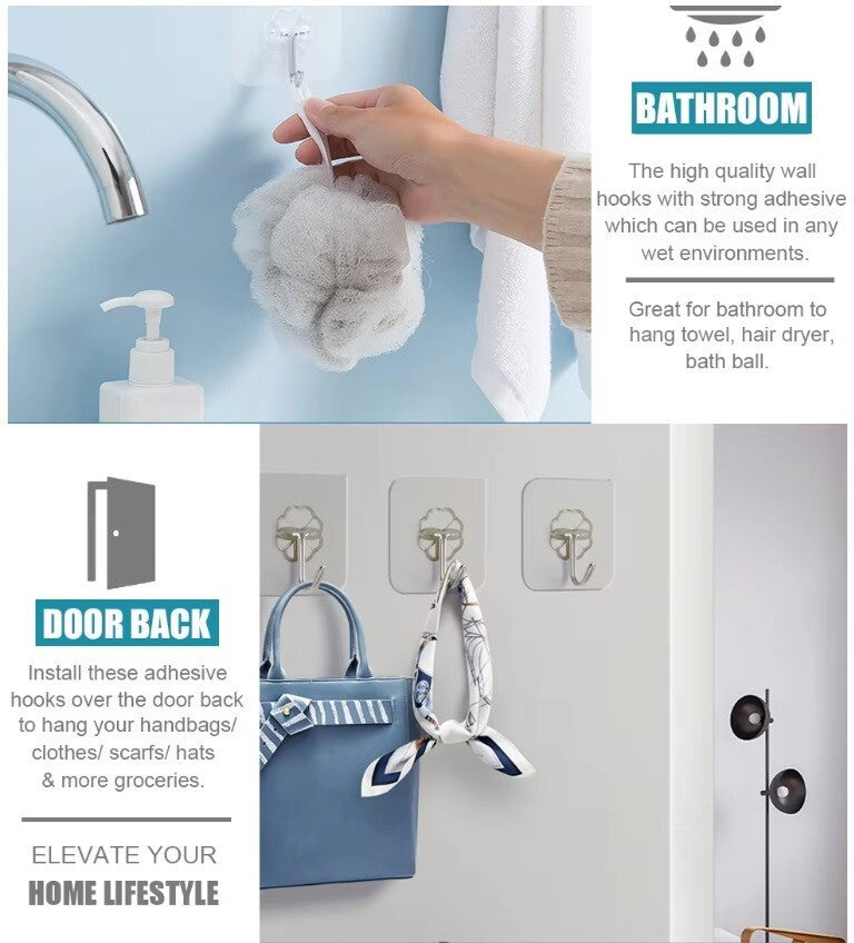 1-20 Hooks Self Adhesive Strong Sticky Heavy Duty Wall Seamless Transparent Hook