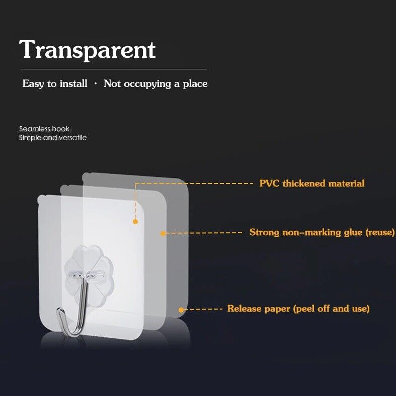 1-20 Hooks Self Adhesive Strong Sticky Heavy Duty Wall Seamless Transparent Hook