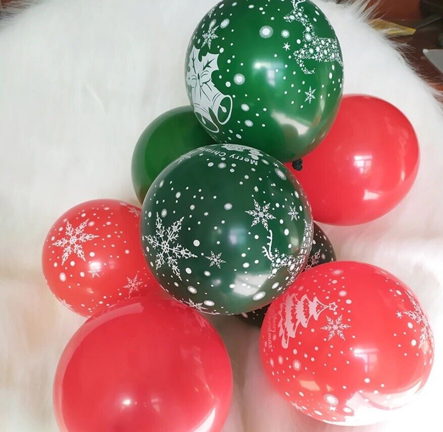 Merry Christmas Balloons x 10 Helium 12” Xmas Red Green Party Decoration Deer UK