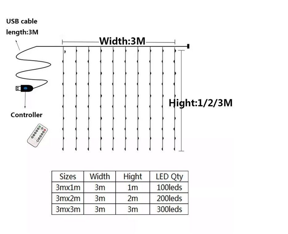USB LED Window Curtain Fairy String Garden Lights Remote Copper Wire 3M XMAS UK