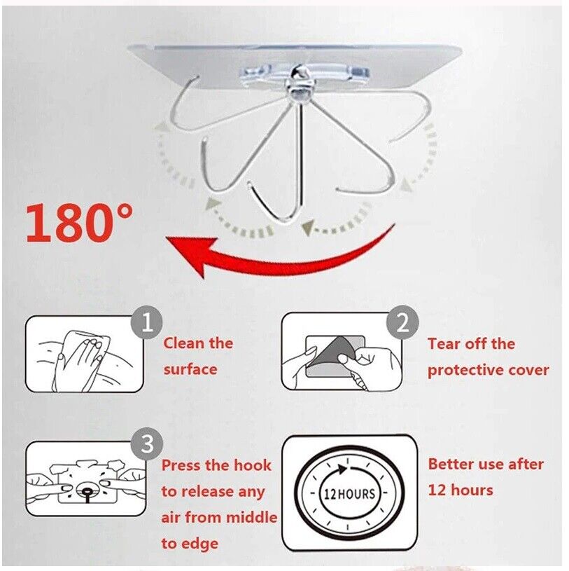 1-20 Hooks Self Adhesive Strong Sticky Heavy Duty Wall Seamless Transparent Hook