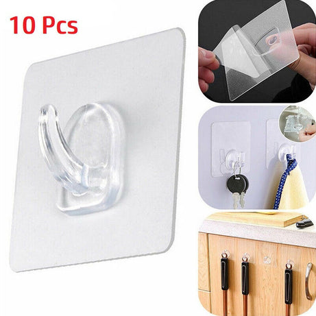 10 Hooks Transparent Strong Self Adhesive Door Wall Hangers Sticky Seamless