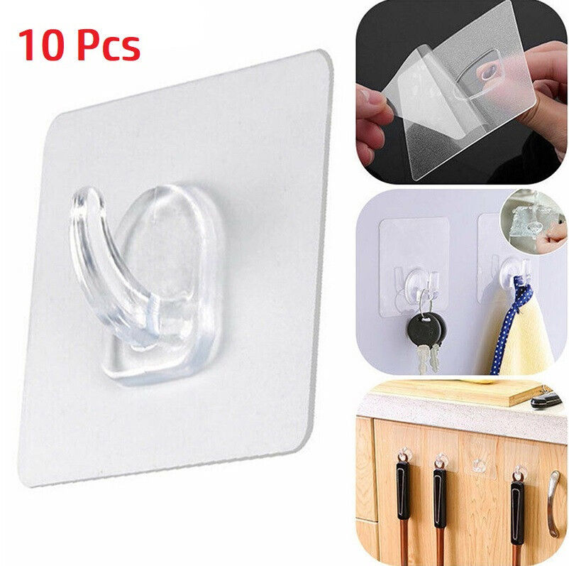 10 Hooks Transparent Strong Self Adhesive Door Wall Hangers Sticky Seamless